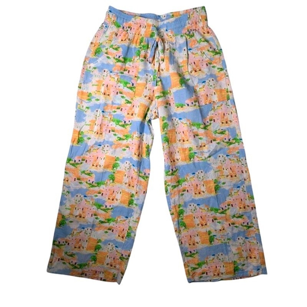 Cynthia Rowley Linen Blend 2-Piece Set Matching Top Pants Greek Island Print XS - Picture 9 of 12